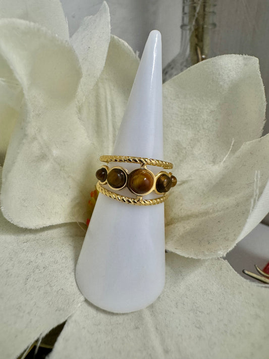 Anillo Ajustable ojo de tigre Acero inoxidable chapado en oro de 18 k